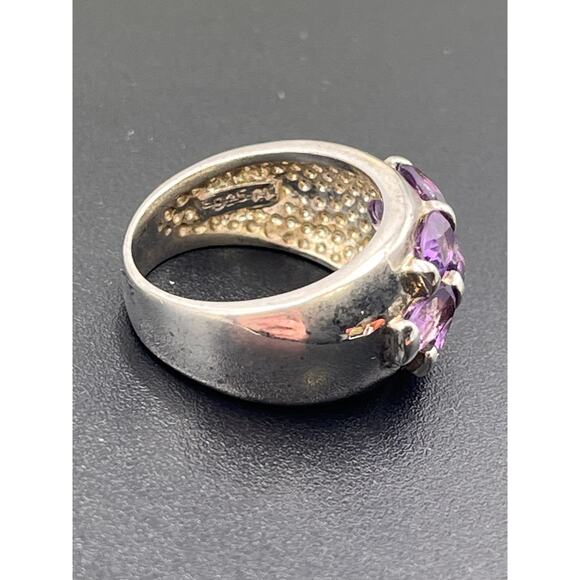 Signed Sterling Silver 925 Purple Amethyst Cluster Brick Step Ring Size 6 3/4 - Picture 7 of 8